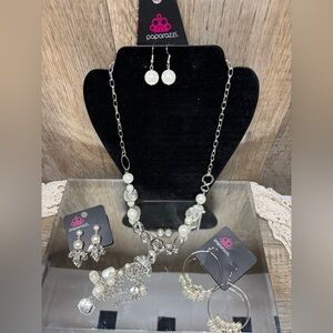 Paparazzi Designated Diva White Blockbuster Necklace & Earrings Silver Lot of 3